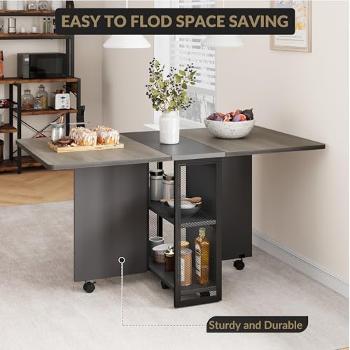 Drop Leaf Table for Small Spaces, Space Saving Folding Dining Table with 6 Wheels, Folding Kitchen Table with 2 Tier Storage Shelves, Foldable Extendable Desk for Apartment, Dining Room