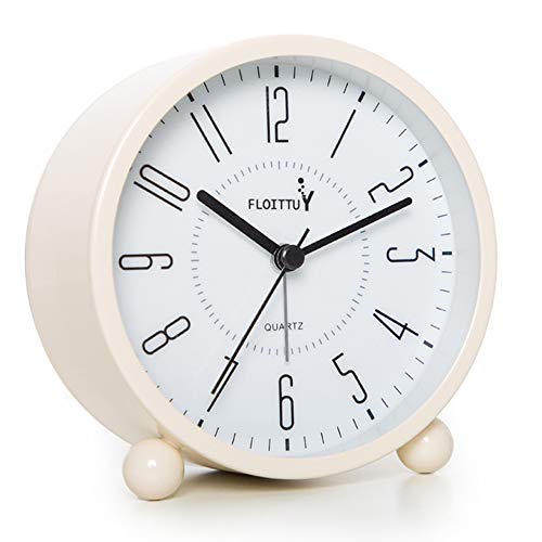 FLOITTUY Super Silent Metal Alarm Clock,Beep Wake Round Alarm Clock with Night Light,Battery Operated,Easy Set,Simple & Retro for Desk, Bedroom and Home Decoration(Creamy White) - color: Creamy White