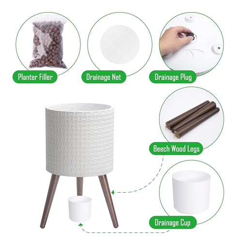 D'vine Dev Planter Pot with Wood Stand, 12 in, Matte White, 88-Z-C-1 | Mid-Century Modern Style, Elevated Plant Display, Drainage Hole and Plug, Functional & Stylish, Modern Indoor Planter - color: Matte White, size: Large