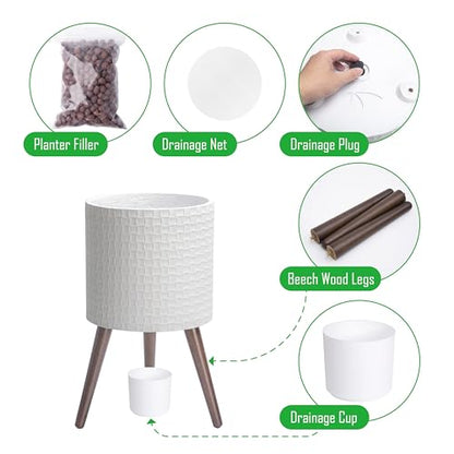 D'vine Dev Planter Pot with Wood Stand, 12 in, Matte White, 88-Z-C-1 | Mid-Century Modern Style, Elevated Plant Display, Drainage Hole and Plug, Functional & Stylish, Modern Indoor Planter - color: Matte White, size: Large