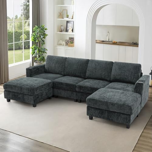 110" Convertible U-Shape Couch with 2 Flexible Ottomans, Grey | Soft Sectional Sofa with Durable Cup Holders, Chenille 4 Seater Sofa with Well-Filled Backrest for Living Room, House - color: Grey, size: 110" U-Shape