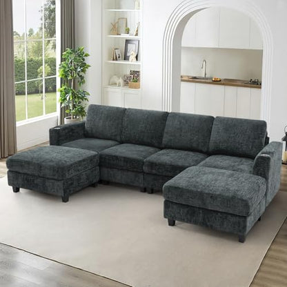110" Convertible U-Shape Couch with 2 Flexible Ottomans, Grey | Soft Sectional Sofa with Durable Cup Holders, Chenille 4 Seater Sofa with Well-Filled Backrest for Living Room, House - color: Grey, size: 110" U-Shape