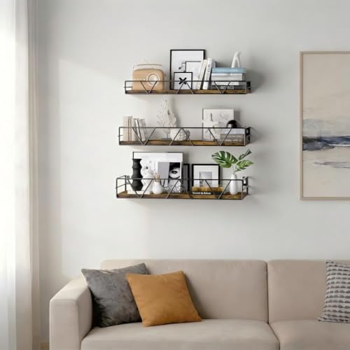 Floating Shelves for Wall Set of 3, Shelf for Home Storage Decor | Wall Mounted Hanging Shelves for Living Room, Bedroom, Bathroom, Kitchen - Brown - color: Wood
