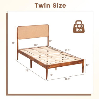 Giantex Wooden Bed Frame Twin Size, Rattan Headboard Platform Bed (Twin) | Wooden Slat Support, Acacia Wood Mattress Foundation No Box Spring Needed - size: Twin