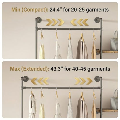 Expandable Industrial Pipe Clothes Rack,Corner Garment Rack | 2 Adjustable Rods& 5 Shelves, Heavy-Duty Iron Pipe Frame, Fits Bedroom & Laundry Room, Expands 48.4"–67.3"