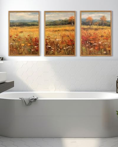 UPWOIGH Autumn Meadow Framed Wall Art, 16 x 24 Inch, Set of 3 | Golden Wildflower Meadow Prints, Warm Autumn Landscape Design, Light Wood Frames for Living Room, Dining Room and Office - color: Gold Autumn, size: 24"L x 16"W