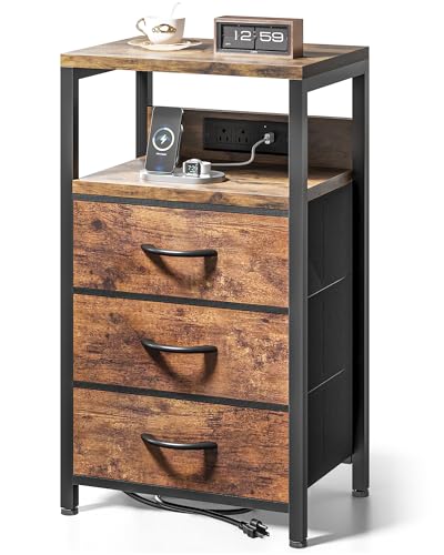 Lazzanto Night Stand with Charger Station, 3 Fabric Drawers, Brown | Nightstand, Bedside Table, Open Shelf, Built in USB-A, USB-C Port & AC Outlets, For Bedroom, Dorm, Living Room - color: Rustic Brown, size: 3 Drawers