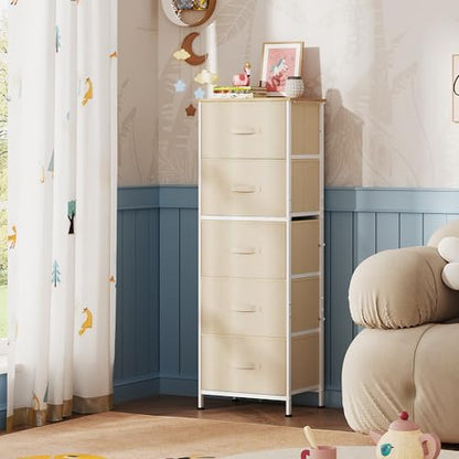WLIVE Tall Dresser for Bedroom, 5 Drawer Dresser, Cream White | 5 vertical fabric drawers, Tall vertical design, Bedroom or closet use, Dresser for small spaces, Chest of drawers - color: Cream White