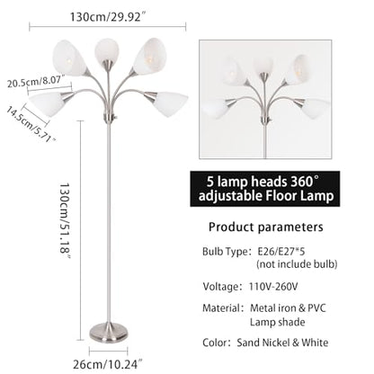 Floor Lamp, 5 Adjustable Neck Heads with Lampshades, Multi-Light Standing Reading Lamp for Living Room, Bedroom, Office - color: Satin Nickel