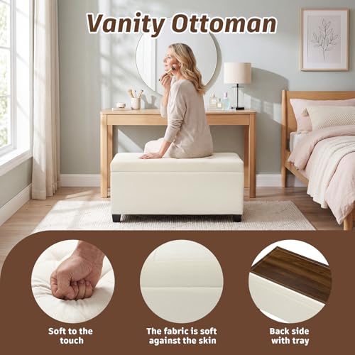 29.5" Cream White Linen Storage Ottoman with Reversible Tray | Upholstered Ottoman Coffee Table with Hidden Storage, Linen Foot Rest Ottoman for Living Room, Bedroom and Entryway - color: Beige
