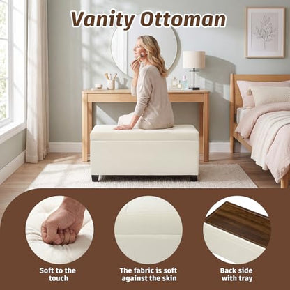 29.5" Cream White Linen Storage Ottoman with Reversible Tray | Upholstered Ottoman Coffee Table with Hidden Storage, Linen Foot Rest Ottoman for Living Room, Bedroom and Entryway - color: Beige
