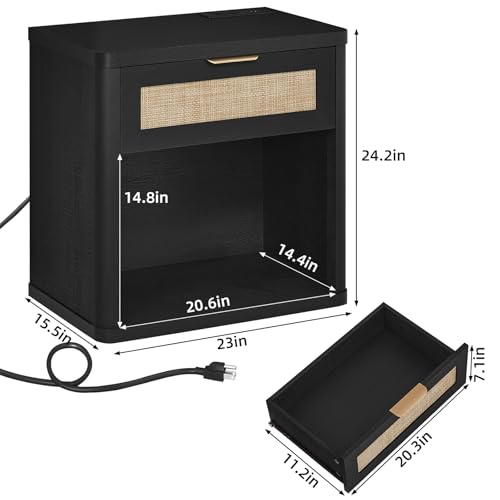 LEYAOYAO Rattan 23" Nightstands with Charger for Bedroom | Gold Metal Handle, Storage Shelf, Black Night Stand with Drawer, Boho Bedside Table, Bed Side End Tables Living Room, Hallway - color: Boho Black, size: 1 Drawer