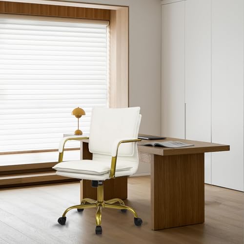 CLATINA Leather Home Office Desk Chair, Swivel Mid-Back Computer Chair with Golden Legs and Arms, Comfy Upholstered Task Chair with Wheels, White - color: White