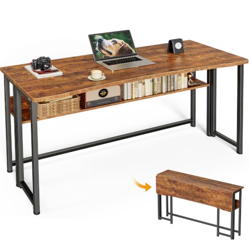 Huuger Folding Desk with Storage Shelf, 47.2 Inch Foldable Computer Table | Writing Work Office Computer Desk for Small Spaces, Space Saving Sofa Table for Couch, Easy to Fold, Rustic Brown - color: Rustic Brown, size: 18.5"D x 47.2"W