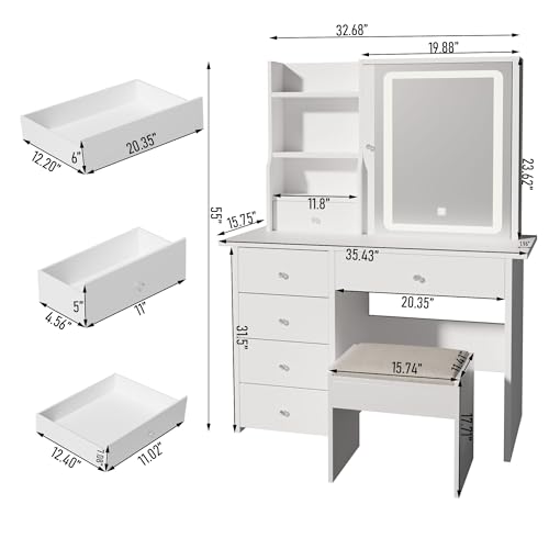 Vanity Desk with Mirror and LED Lights, Makeup Vanity Set with Power Outlet, and Stool,Jewelry Storage,White Vanity Desk for Bedroom - style: White