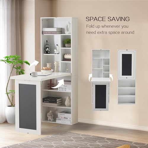 Folding Desk with Storage,Fold Out Convertible Wall Mounted Table,White | Space-Saving,Foldable Desk with Blackboard and Shelves, Multi-Function Desk Cabinet , Murphy Desk Home Office Workstation - color: White
