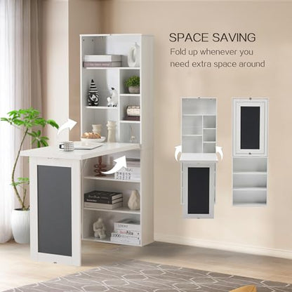 Folding Desk with Storage,Fold Out Convertible Wall Mounted Table,White | Space-Saving,Foldable Desk with Blackboard and Shelves, Multi-Function Desk Cabinet , Murphy Desk Home Office Workstation - color: White
