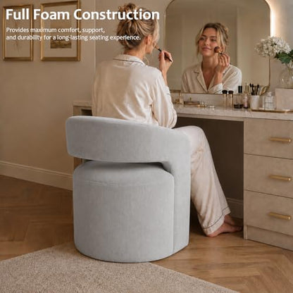 Upholstered Barrel Chair with Casters, Soft Textured Fabric Accent Armchair, Curved Wraparound Backrest, Open Cutout, Rounded Seat for Vanity Office Bedroom, Light Gray - color: Light Gray