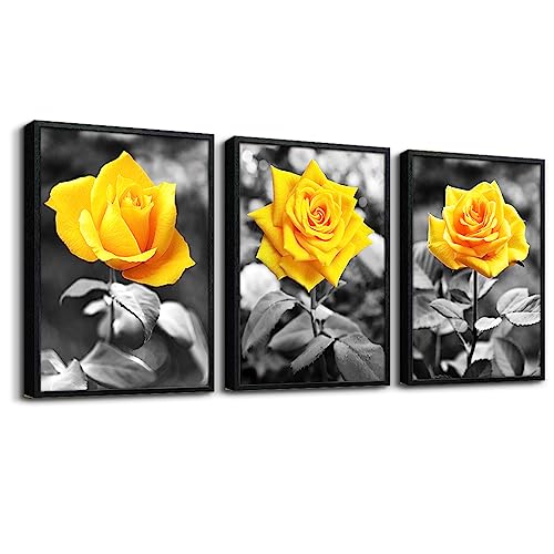 Black Framed Wall Art For Bedroom Living Room Wall Decor For Kitchen Office Decor Black And White Artwork Pictures Yellow Rose Flowers Print Frame Wall Painting Modern Room Home Decoration 3 Piece - color: Yellow Rose Flower Black Framed, size: 12x16inche