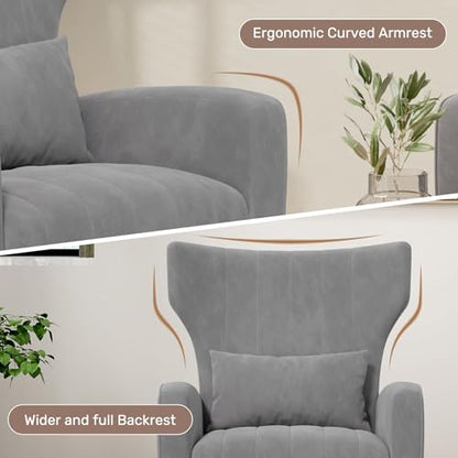 Nebuaegis Velvet Accent Chair Set of 2Wingback for Living Room, High Back Arm Chair with Golden Legs Lumbar Pillow, Upholstered Single Sofa Bedroom Gray - color: Grey, size: Set of 2