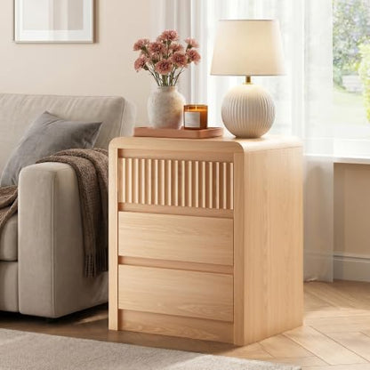 LYNSOM Fluted Nightstand Set of 2, Wood End Table with 3 Drawer, Oak | Mid Century Modern Night Stand with Stoarge, Bedside Table with Curved Profile Design for Living Room, Office, 20" W - color: Oak, size: 3 Drawers