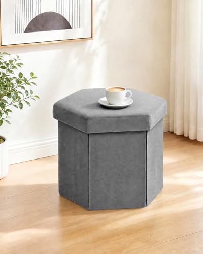 B FSOBEIIALEO Storage Ottoman Cube Hexagonal Pouf Ottomans, Foot Rest Seat for Sofa Footrest Entryway Shoe Footstool for Living Room/Bedroom/Entrway Velvet Grey 16.93"x15"x15" - color: Grey