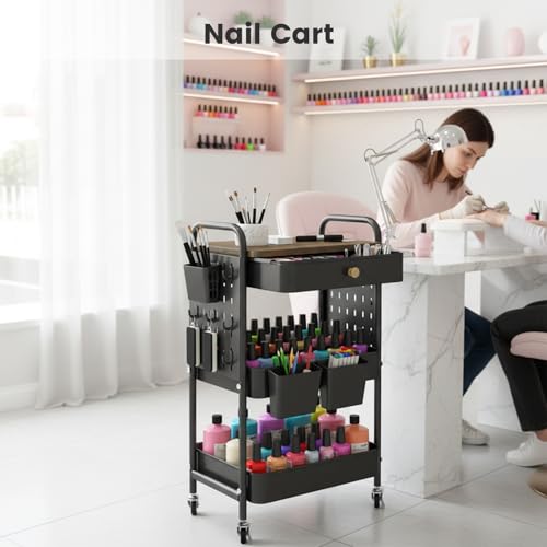 3-Tier Rolling Cart, Metal Rolling Storage Cart with Wooden Table Top & DIY Pegboards, Storage Cart with Wheels, Hooks & Hanging Cups, Storage Organizer Cart Craft Art Cart, Black