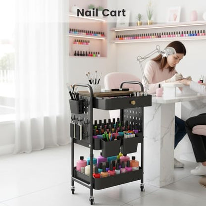 3-Tier Rolling Cart, Metal Rolling Storage Cart with Wooden Table Top & DIY Pegboards, Storage Cart with Wheels, Hooks & Hanging Cups, Storage Organizer Cart Craft Art Cart, Black