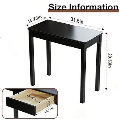 Solid Wood Desk with Drawers - 32 x 16 Inch Simple Narrow Desks, Rubber Wood Study Table, Small Writing Desk for Bedroom|Small Spaces - Modern Black Desks - color: Black, size: 31.5 in W x 15.7 in D