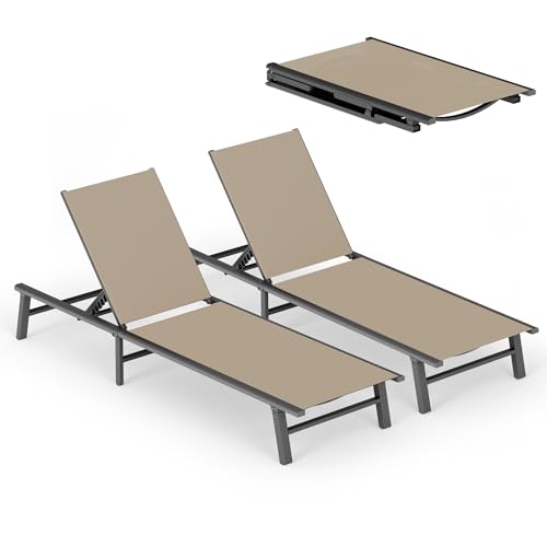Foldable Outdoor Lounge Chair Set of 2, No Assembly Aluminum Chaise Lounge Outdoor with 5 Adjustable Positions, Pool Lounge Chairs with Portable Design for Pool, Deck, Beach, Patio (Khaki) - color: Khaki-upgraded, size: 2 Packs
