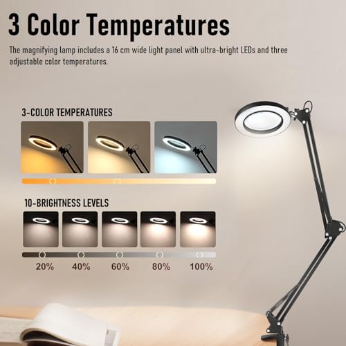 10X Magnifying Lamp with Light, HD Optical Glass Lens LED Desk Lamp, 3 Color Temperatures 6000K-3000K, 360° Adjustable Arm with Clamp & Stand, for Model Building, Soldering, Crafts, Reading, Manicure
