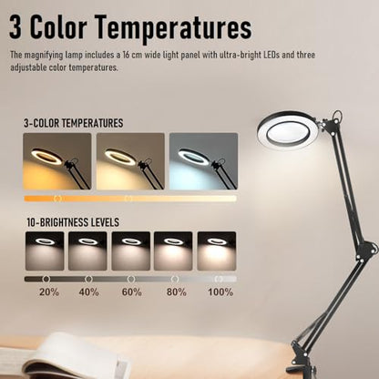 10X Magnifying Lamp with Light, HD Optical Glass Lens LED Desk Lamp, 3 Color Temperatures 6000K-3000K, 360° Adjustable Arm with Clamp & Stand, for Model Building, Soldering, Crafts, Reading, Manicure