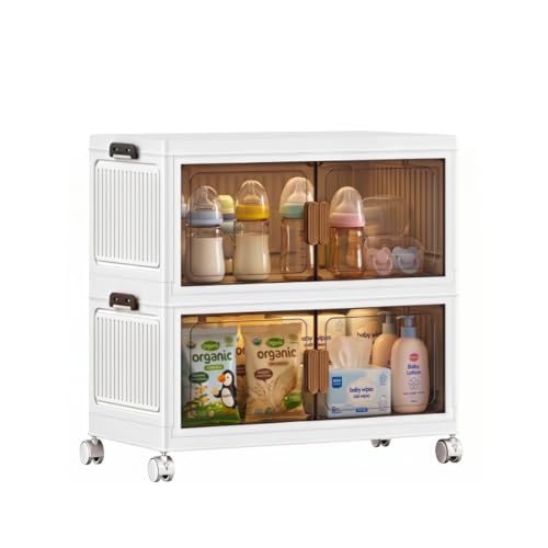 48QT Stackable Storage Bins With Lids, Collapsible Plastic Storage Bins with Wheels and Doors, Foldable Plastic Cabinets for Bedroom Dorm Garage Office Kitchen, 2 Pack - color: 45 CM, size: 2 Pack
