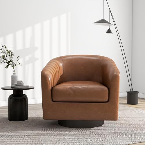 Swivel Barrel Accent Chair, Comfy Reading Armchair, Brown, Set of 2 | Club Chairs for Adults, Low-Back Design, Modern Round Style, Solid Wood Frame & Metal Swivel Base, For Living Room & Bedroom - color: Brown