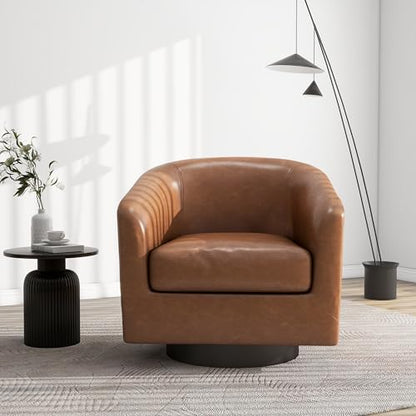Swivel Barrel Accent Chair, Comfy Reading Armchair, Brown, Set of 2 | Club Chairs for Adults, Low-Back Design, Modern Round Style, Solid Wood Frame & Metal Swivel Base, For Living Room & Bedroom - color: Brown