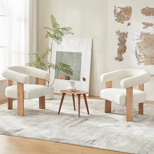 VKNOW Barrel Accent Chairs Set of 2 with Armrests and Rubberwood Legs | Mid Century Modern Upholstered Living Room Chairs with Open Back, Chenille Fabric, arm chair for Living Room, Bedroom, Cream - color: Cream, size: Set of 2