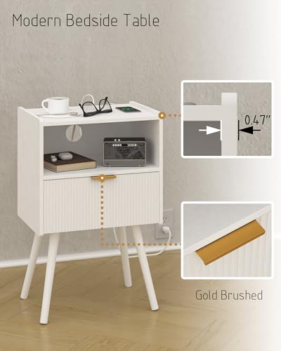 White Nightstand with Outlet,Modern Bedside Table with Storage Drawer and Open Wood Shelf, for Living Room, Bedroom and Small Spaces, Accent Night Stand with Solid Wood Legs, Easy Assembly - color: White-outlet