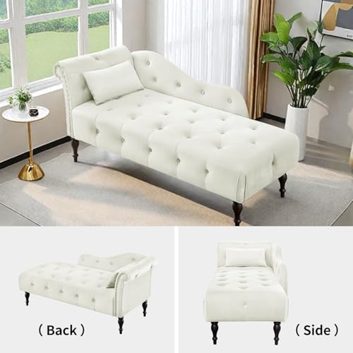 60" Modern Velvet Chaise Lounge Indoor,Upholstered Lounge Chair with Left Armrest and Lumbar Pillow, Button Tufted Lounge Sofa for Living Room Bedroom Office,Mini Chaise Longue Sofa (White) - color: White