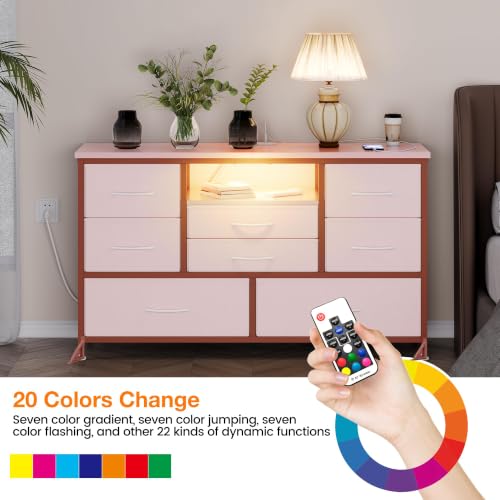 8-Drawer LED Dresser TV Stand with Power Outlet for 55'' TV - Wide Storage Chest for Bedroom, Living Room & Entryway, Wood Top Console Table with 22 Light Modes - color: Pink