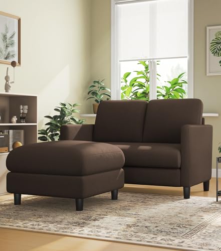 Welzona Loveseat Sofa with Ottoman, 51" Small L Shaped Teddy Couch Sofa | Comfy Teddy Fabric, Tool-free Setup, Washable Covers, All-wood Couch Sets for Living Room, Bedroom, Small Spaces, Brown - color: Brown, size: loveseat & ottoman