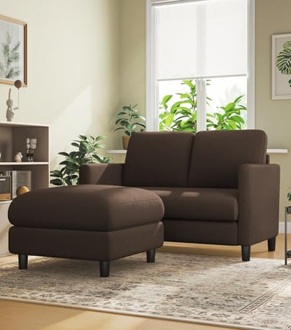 Welzona Loveseat Sofa with Ottoman, 51" Small L Shaped Teddy Couch Sofa | Comfy Teddy Fabric, Tool-free Setup, Washable Covers, All-wood Couch Sets for Living Room, Bedroom, Small Spaces, Brown - color: Brown, size: loveseat & ottoman