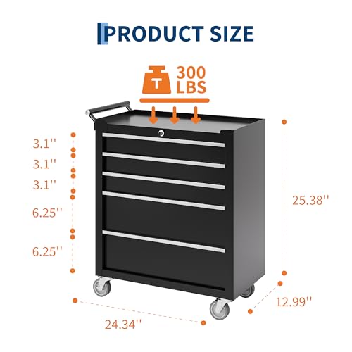 5-Drawer Rolling Tool Chest Cabinet,Portable Tool Storage Cart with Smooth Wheels,Lockable Toolbox Organizer with Drawer Liners,Heavy-Duty Steel Tool Cabinet for Garage and Workshop Use - color: Black, size: 5 Drawers