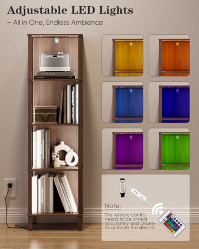 Book Shelf with LED Lights, Modern 4-Tier Bookcase, Open Storage Bookshelf, 11 × 14.2 × 50.4 Inches, Small Narrow Bookshelves for Living Room, Home Office, Bedroom, Walnut - color: Walnut