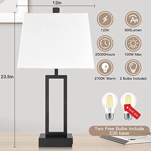 23.5" Touch Control Table Lamps Set of 2, Bedside Lamp with 2 USB Ports & AC Outlet, 3-Way Dimmable Nightstand Lamp with White Linen Shade for Living Room Bedroom End Table Office(2 LED Bulb Included) - color: White