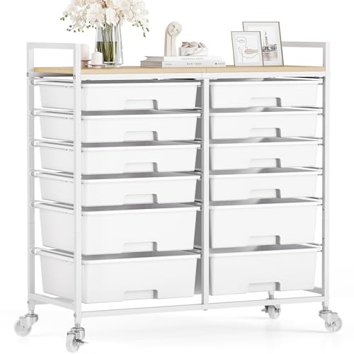 TOOLF 12 Drawers Rolling Storage Cart with Wooden Top for Classroom,White | Teacher Cart Craft Art Supply Organizer, Utility Cart with Lockable Wheels for Home Household Essentials, Office Organization - color: White