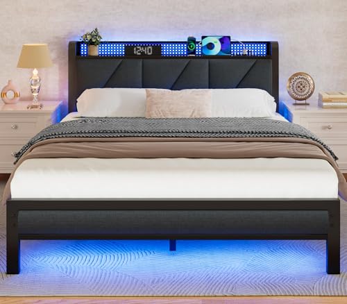 Queen Bed Frame with Storage Shelf and Upholstered Headboard | Metal Platform Bed with LED Light, Charging Station and Heavy Duty Slats, No Box Spring Needed, Noise Free & Easy Assembly - size: Queen, style: Bed Frame