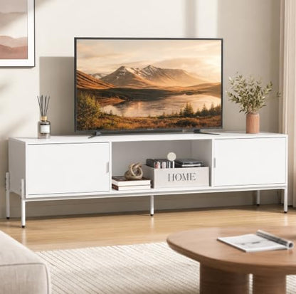 WLIVE 58" TV Stand for 65 Inch TVs, Mid Century Modern Entertainment Center with 2 Storage Cabinets & Open Shelf, Media Console Table with Metal Legs for Living Room, Bedroom, White - color: White