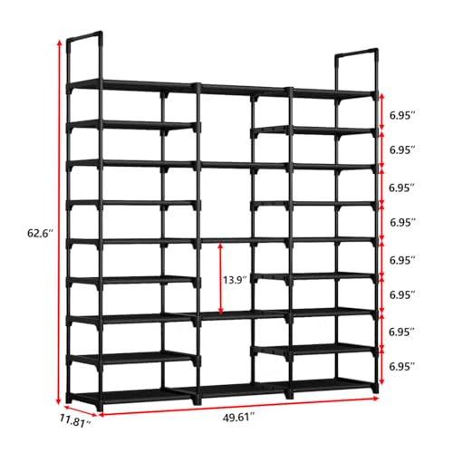 9-Tier Shoe Rack Organizer for 50-55 Pairs, Stackable Large Shoe Stand | Entryway Heavy Duty Shoe Rack, Tall Shoe Boot Storage, Black Metal Shelf for Storing Handbags, Boxes, Books, Flowerpots - size: L 9-Tier