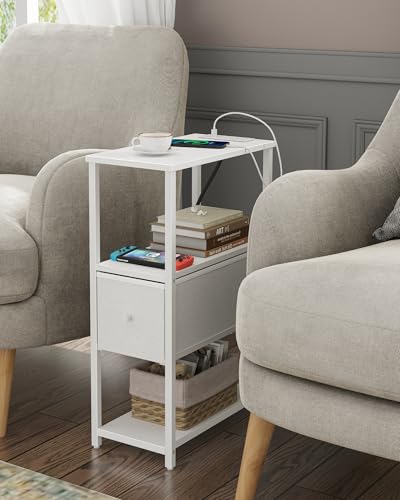 TUTOTAK Small Narrow End Table with Charging Station, Set of 2 | Side Table with Outlets, Nightstand with Cloth Drawer, Couch Table for Living Room, Bedroom, Bedside, White TB01BW058 - color: White, style: 1 Drawer & Plug