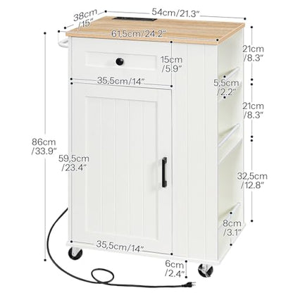 HOOBRO Kitchen Island on Wheels, Kitchen Island Cart with Power Outlet, Kitchen Storage Island with Spice Rack and Drawer, Island Table for Kitchen & Dining Room, White and Natural WN36UZD01